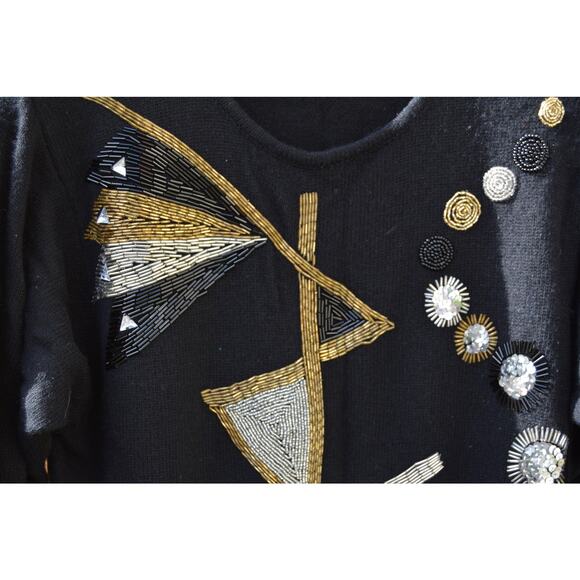Vintage 1980s Shannan Black Sweater with Silver Gold Star Embellishment - Picture 2 of 6